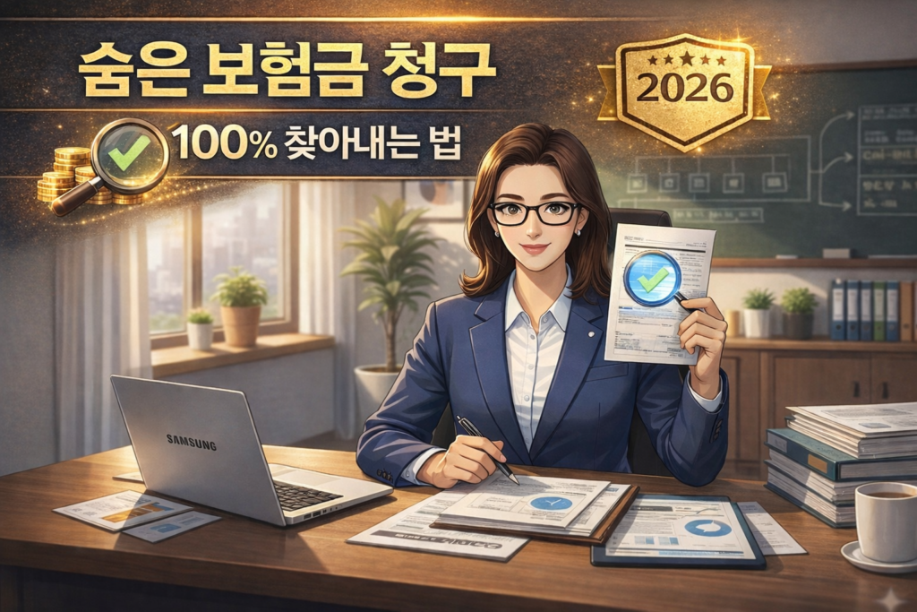 숨은 내 보험금 청구 방법을 안내하는 2026 썸네일 이미지, 보험 전문가가 서류를 들고 체크 표시가 있는 돋보기 아이콘과 함께 ‘숨은 보험금 청구 100% 찾아내는 법’ 문구가 강조된 신뢰형 일러스트