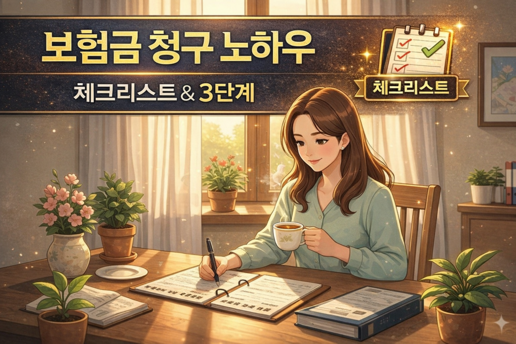 보험금 청구 노하우를 정리한 썸네일 이미지, 따뜻한 분위기의 책상에서 체크리스트를 작성하며 ‘체크리스트 & 3단계’로 보험금 청구를 안내하는 일러스트