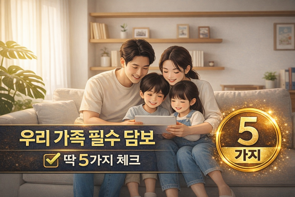 우리 가족 필수 담보를 점검하는 썸네일 이미지, 4인 가족이 소파에서 태블릿을 보며 보험 점검을 하는 따뜻한 일러스트와 ‘딱 5가지 체크’