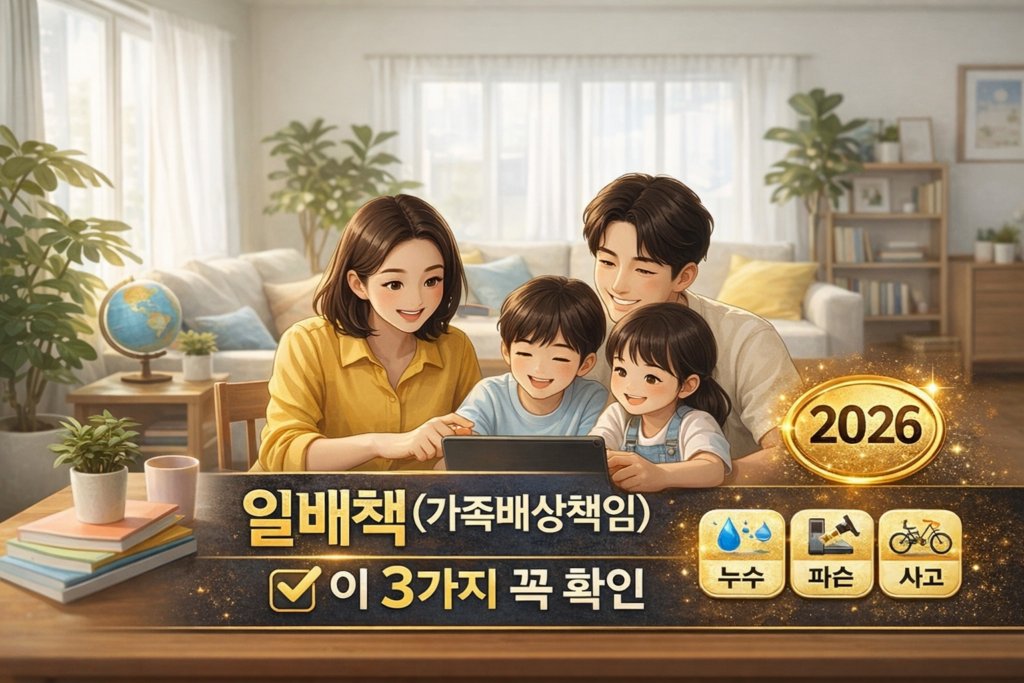 가족일상생활배상책임보험(일배책) 2026 가이드를 안내하는 썸네일 이미지, 일러스트 가족이 태블릿으로 보험 정보를 확인하며 ‘누수·파손·사고’ 3가지 체크 포인트