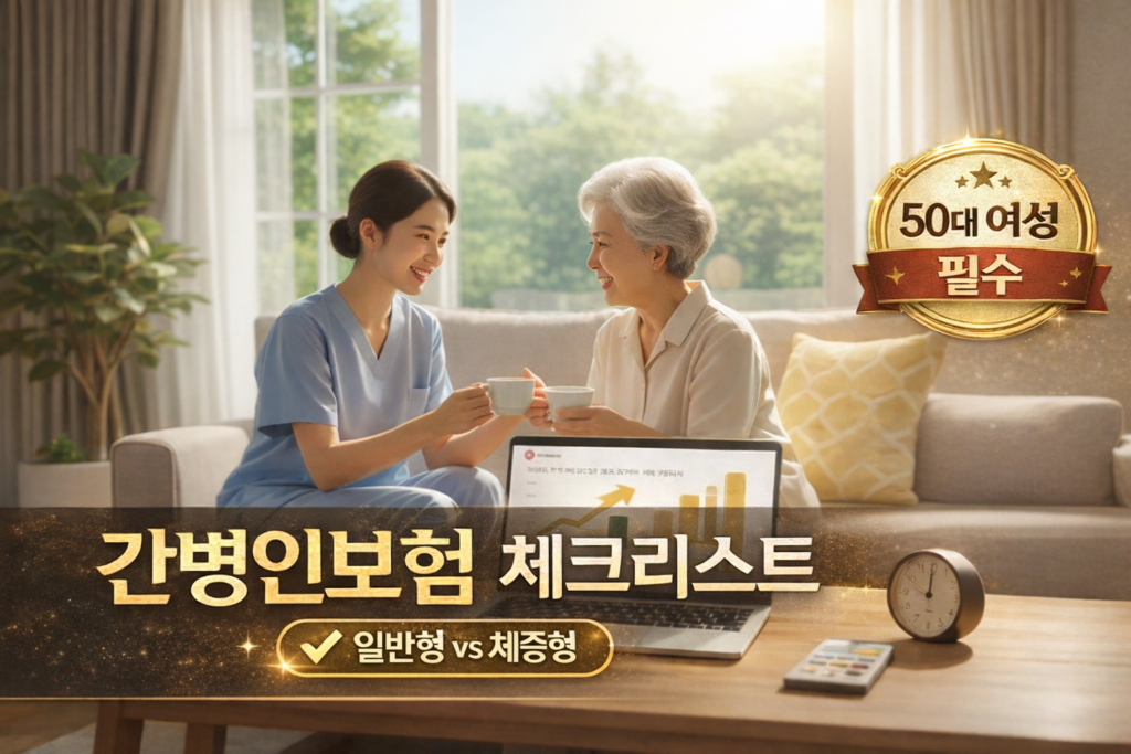 50대 여성을 위한 간병인보험 체크리스트 썸네일 이미지, 따뜻한 거실에서 상담하는 장면과 ‘간병인보험 체크리스트’ 문구, ‘일반형 vs 체증형’ 비교 포인트,