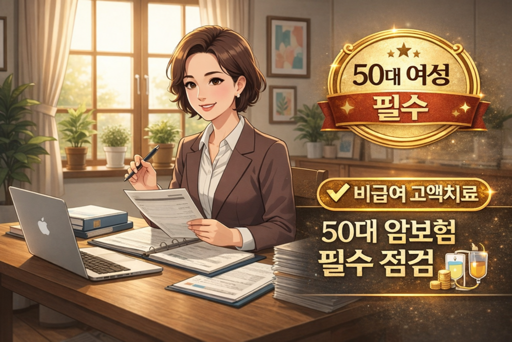50대 암보험 점검과 비급여 암치료비 특약 필요성을 안내하는 썸네일 이미지, 전문 여성 상담가가 서류를 검토하며 ‘비급여 고액치료’ 배지와 ‘50대 여성 필수’ 골드 배지가 강조된 따뜻한 신뢰형 일러스트