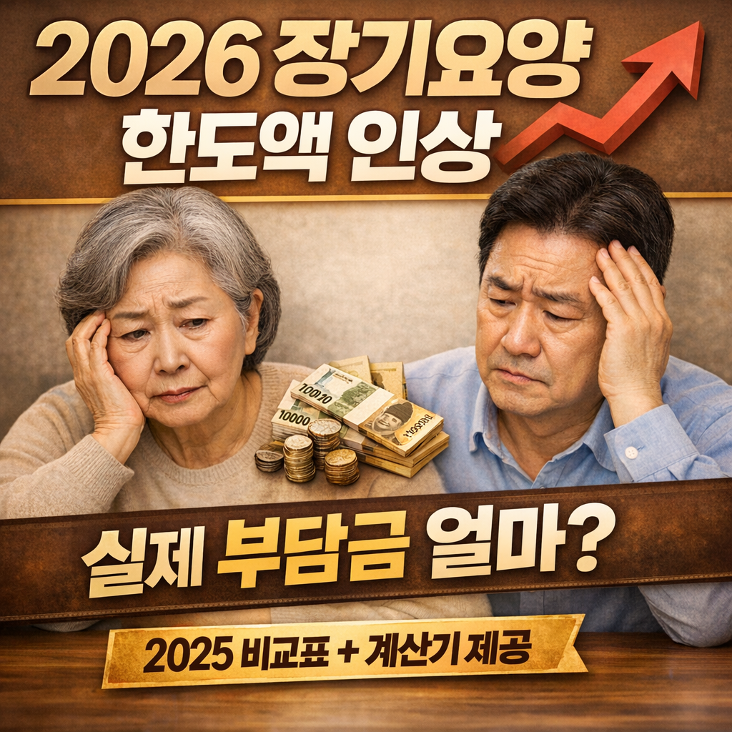 2026년 장기요양 한도액 인상과 본인부담금 변화를 설명하는 썸네일 이미지로, 고민하는 노부부와 현금 이미지, 상승 화살표가 포함된 그래픽