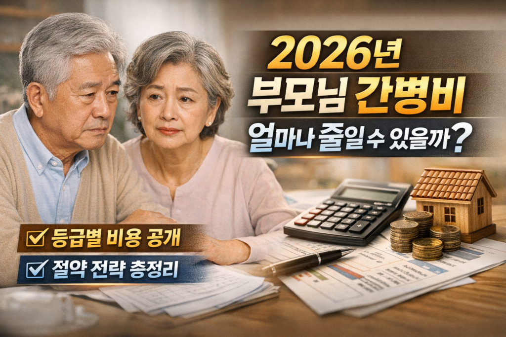 2026년 장기요양 등급 신청부터 부터 간병 비용까지 총정리한 일러스트 이미지입니다.