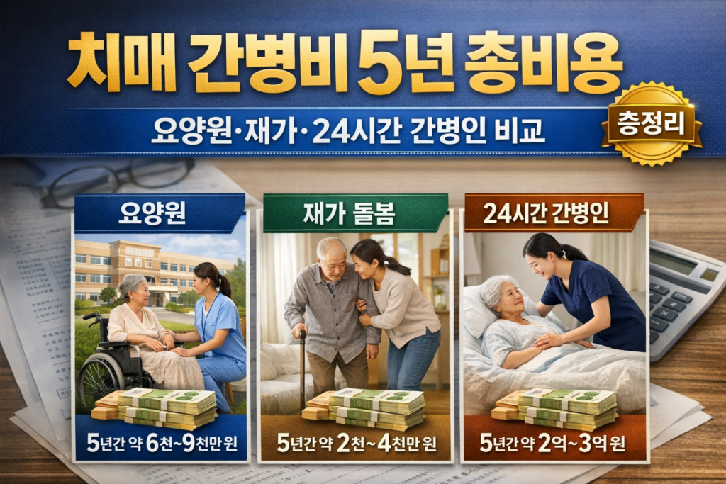 2026 프리미엄 가이드 스타일의 치매 간병비 썸네일 이미지로 ‘치매 간병비 5년 총비용’과 ‘요양원·재가·24시간 간병인’ 비교 계산을 강조한 이미지입니다.