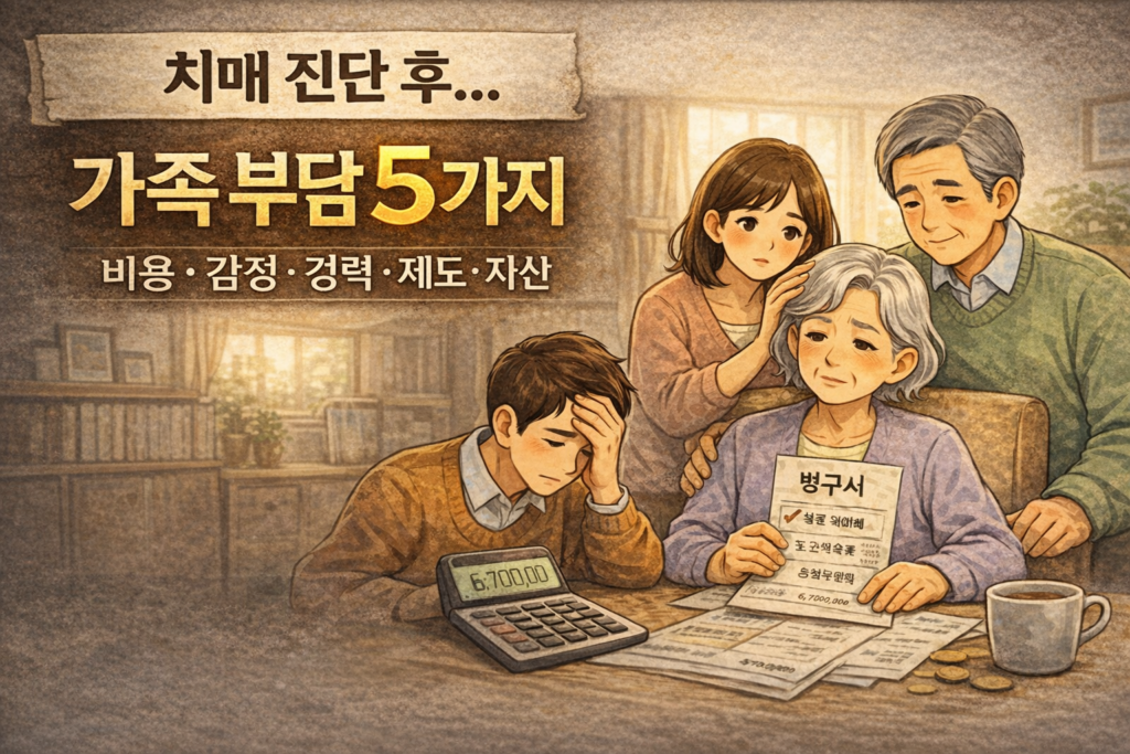치매 진단 후 가족 부담으로 병원비 고지서를 보며 경제적 부담을 고민하는 모습과 계산기가 보이는 일러스트 이미지