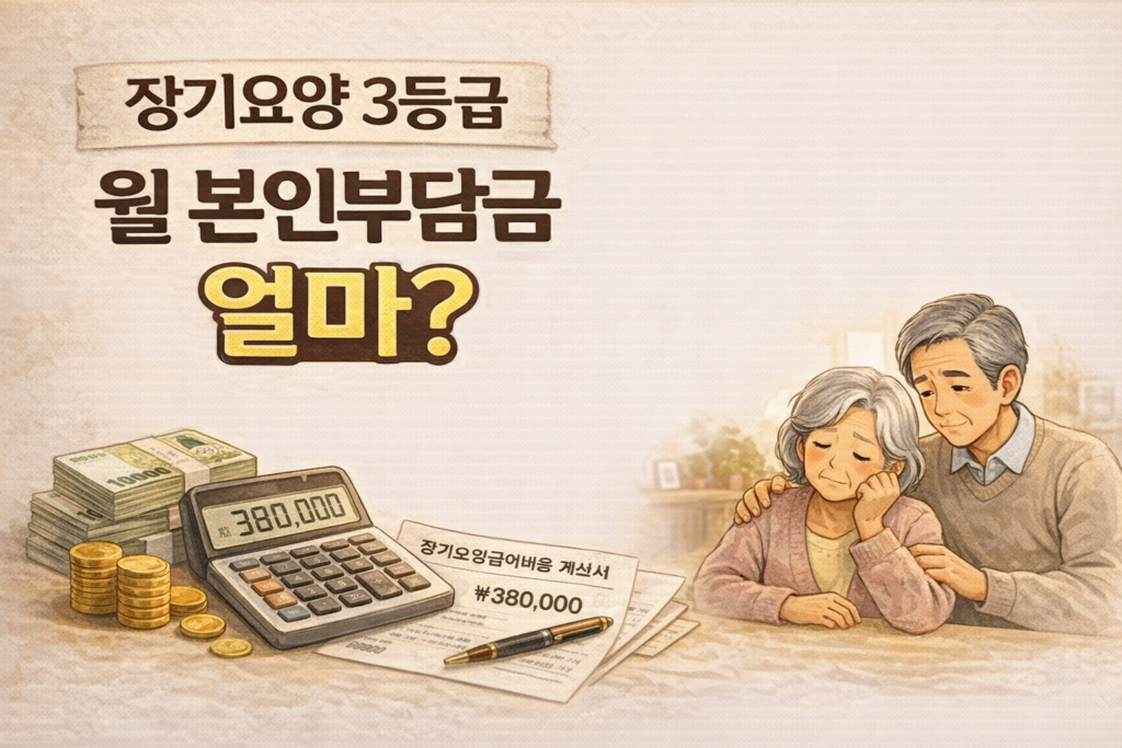 장기요양 3등급 본인부담금 월 비용을 계산기로 확인하는 장면과 간병비 걱정을 하는 노부부 일러스트