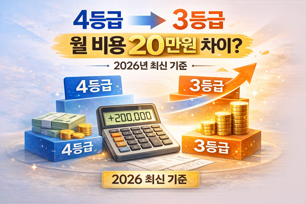 장기요양 4등급에서 3등급으로 변경될 때 월 본인부담금 차이를 계산기로 비교하는 일러스트