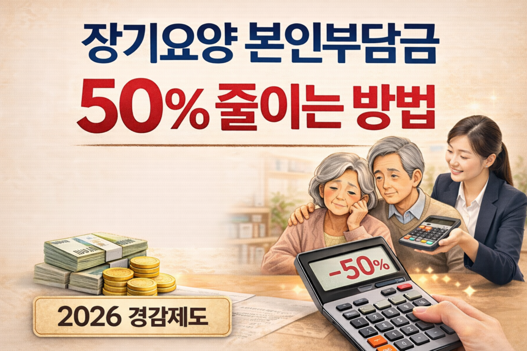장기요양 본인부담금 경감제도로 최대 50% 줄이는 방법을 상담하는 노부부와 상담사 일러스트