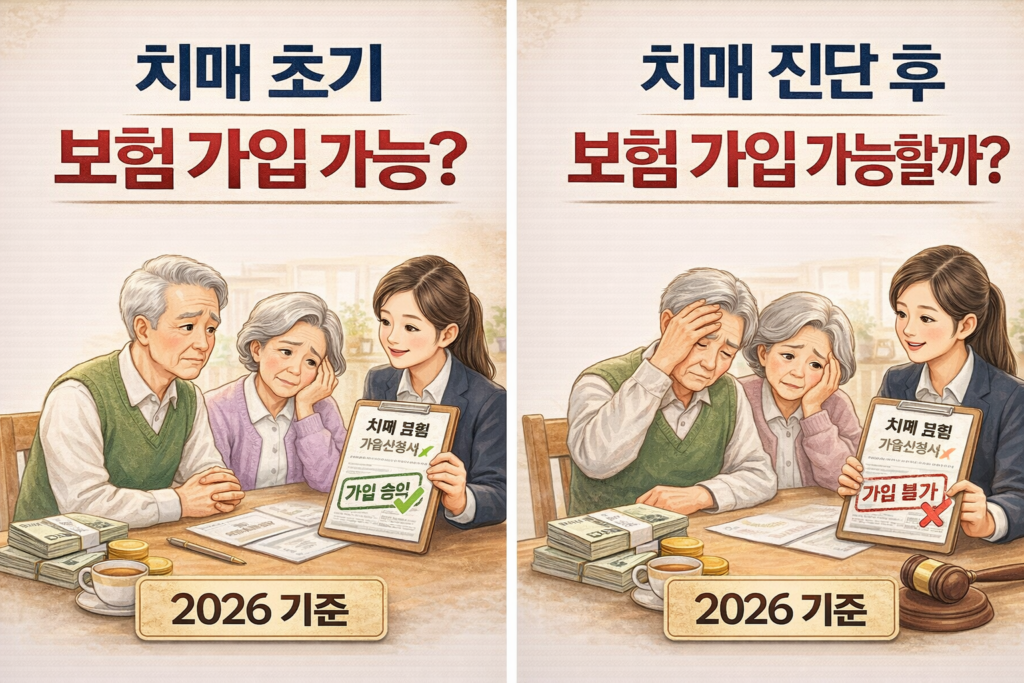 치매 초기 보험가입과 치매 진단 후 치매보험 가입 가능 여부를 상담하는 장면을 보여주는 일러스트 이미지