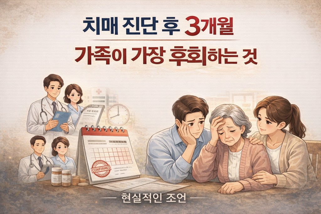 치매 진단 후 3개월 동안 가족이 겪는 후회와 간병 고민을 표현한 치매 환자와 가족 장면 일러스트