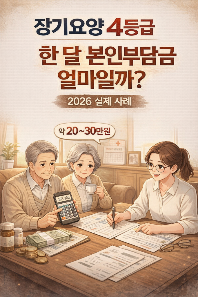 장기요양 4등급 한 달 본인부담금 약 20~30만원 실제 사례를 설명하는 가족 상담 장면 일러스트