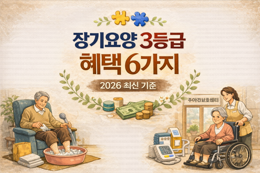 장기요양 3등급 혜택 6가지와 주야간보호센터 및 방문요양 서비스를 설명하는 노인 돌봄 일러스트