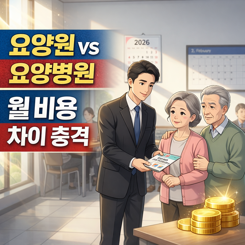 요양원 요양병원 비용 차이를 상담받는 노부부와 상담사의 모습, 장기요양 비용과 보험 대비를 설명하는 장면