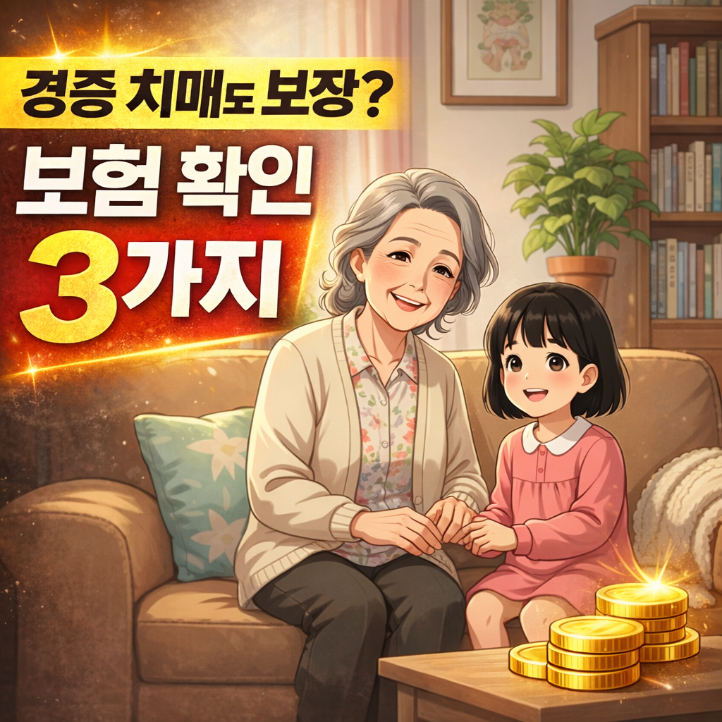 경증 치매 보험 확인 방법을 설명하는 썸네일 이미지, 할머니와 손녀가 함께 있는 가족 장면과 보험 확인 3가지 메시지