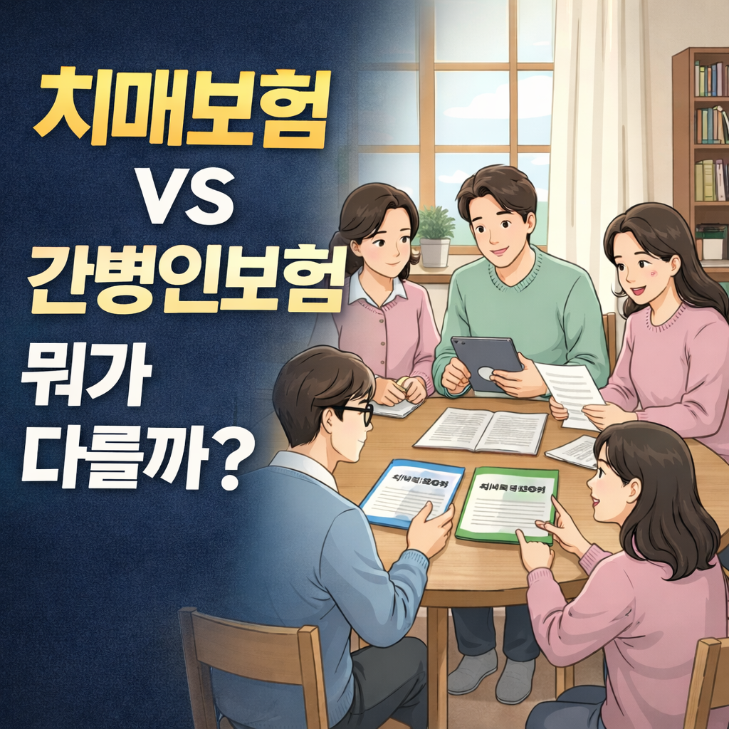 치매보험과 간병인보험 차이를 비교하는 설명 이미지, 부모와 자녀가 함께 보험 서류를 검토하며 부모님 보험을 상담하는 장면