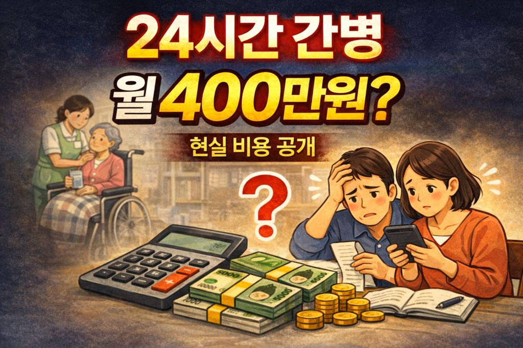 치매 간병인 비용 한 달 400만원 현실을 가족과 간병 장면으로 설명한 썸네일 이미지
