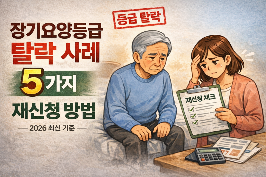 장기요양등급 탈락 사례 5가지와 재신청 방법을 설명하는 노인과 보호자 상담 장면 이미지