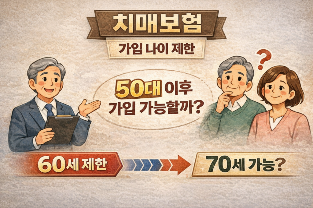 치매보험 가입 나이 제한과 50대 이후 가입 가능 여부(60세 제한·70세 가능)를 설명하는 이미지
