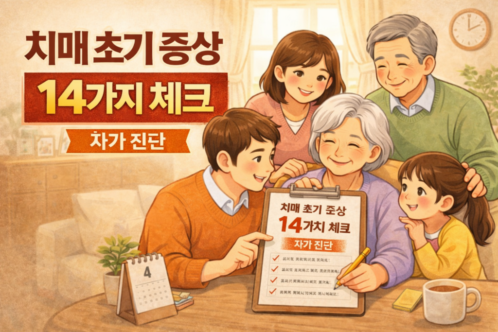 치매 초기 증상 체크리스트를 가족이 함께 확인하는 자가 진단 이미지