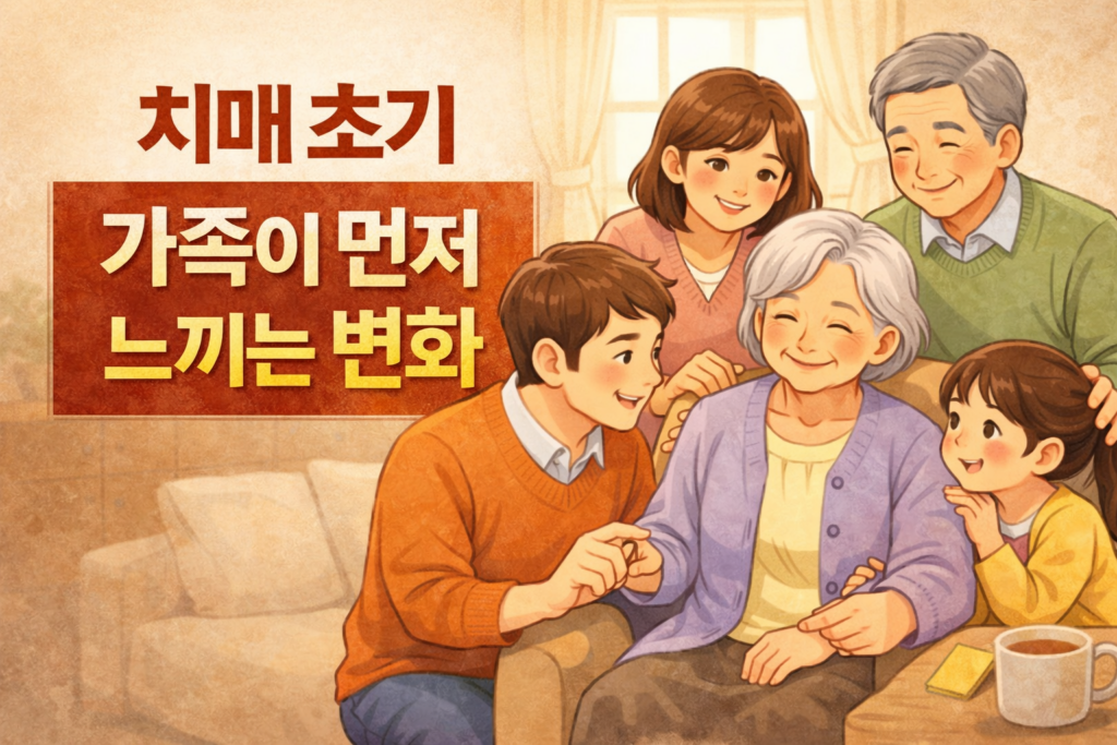 치매 초기 증상을 가족이 먼저 느끼는 변화를 표현한 노인과 가족의 따뜻한 일상 장면 일러스트