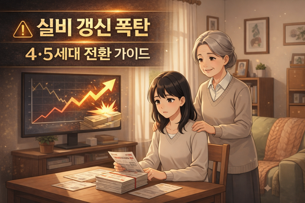 부모님 실비 보험 갱신 폭탄을 피하기 위한 4·5세대 실손 전환 가이드를 안내하는 썸네일 이미지, 딸이 보험 서류를 보고 고민하고 어머니가 곁에서 도와주는 따뜻한 신뢰형 일러스트와 보험료 상승 그래프