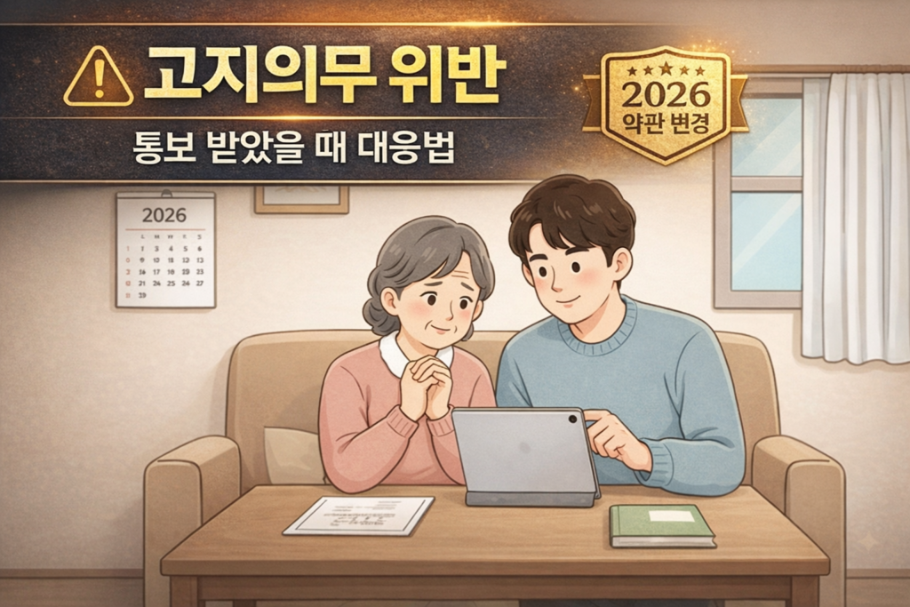 고지의무 위반 통보를 받았을 때 대응 방법을 안내하는 2026 보험 약관 변경 썸네일 이미지, 부모와 자녀가 태블릿으로 안내 내용을 확인하는 따뜻한 신뢰형 일러스트와 경고 아이콘·2026 약관 변경 배지