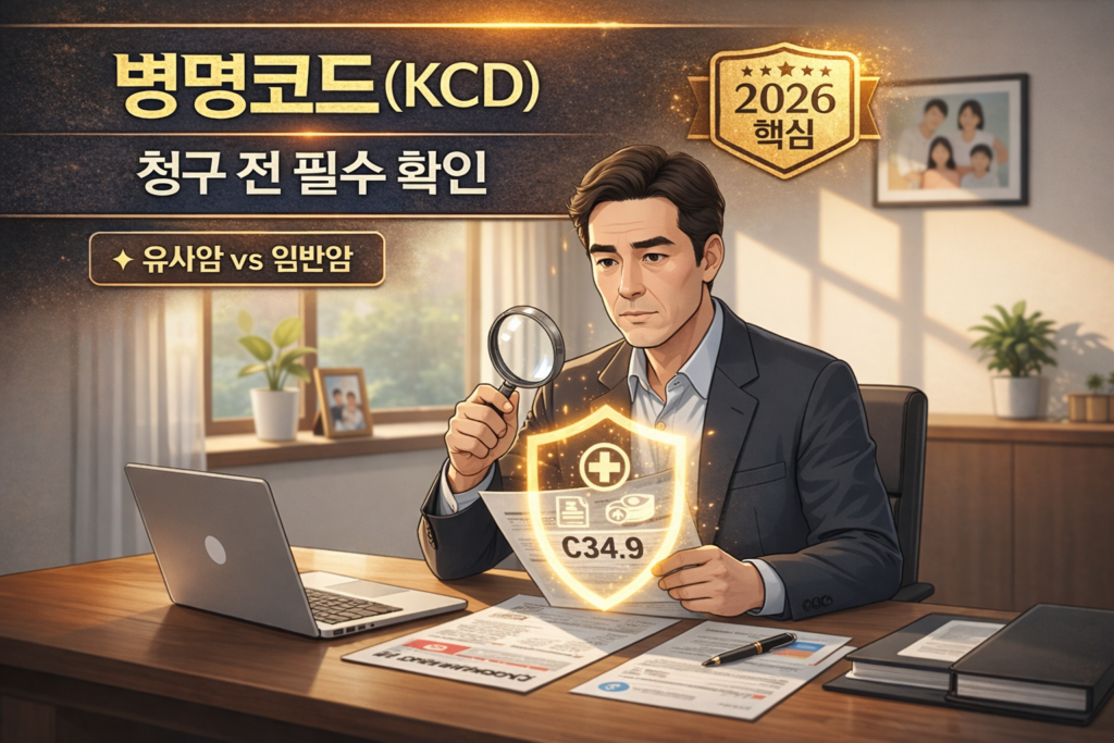 암 진단 후 보험금 청구 전에 병명코드(KCD)를 확인하는 방법을 안내하는 2026 썸네일 이미지, 남성이 돋보기로 서류를 확인하며 C34.9 코드와 ‘유사암 vs 일반암’ 구분 포인트가 강조된 신뢰형 일러스트
