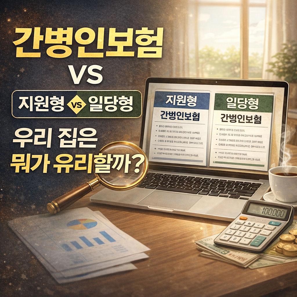 노트북 화면에 ‘지원형 vs 일당형’ 간병인보험을 비교하는 썸네일 이미지, 계산기와 커피가 놓인 책상 위에서 우리 집에 유리한 간병보험 유형을 안내하는 장면