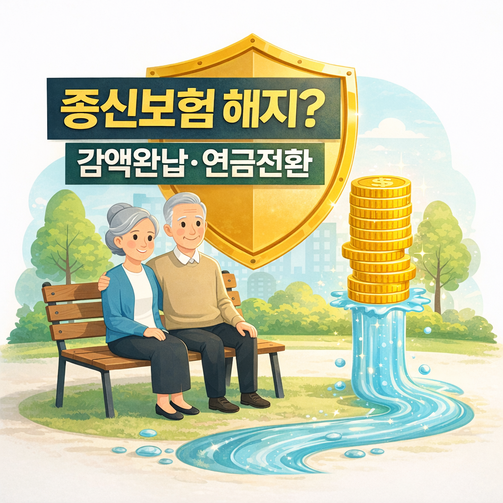종신보험 해지 여부를 고민하는 부모님을 위한 썸네일 이미지, 노부부와 방패(보험)·동전(노후자금) 일러스트와 ‘감액완납·연금전환’ 키워드가 포함된 안내 화면