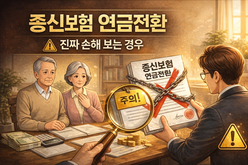 종신보험 연금전환 시 손해가 발생할 수 있는 조건을 설명하는 썸네일 이미지, 노부부가 전문가와 상담하며 서류를 확인하고 ‘진짜 손해 보는 경우’를 강조한 따뜻한 일러스트