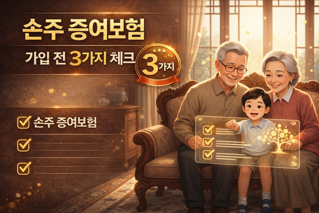 손주 증여보험 가입 전 3가지 핵심 체크포인트를 안내하는 썸네일 이미지, 조부모와 손주가 함께 체크리스트 화면을 확인하는 따뜻한 신뢰형 일러스트