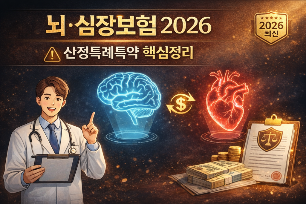 뇌·심장보험 2026 최신 정보와 산정특례특약 핵심을 정리한 썸네일 이미지, 의사 일러스트와 뇌·심장 아이콘, 보장 특약 안내 문서가 함께 배치된 따뜻한 신뢰형 디자인