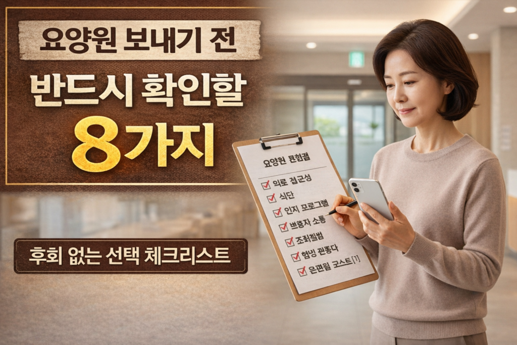 부모님 요양원 보내기 전 확인해야 할 8가지 핵심 체크리스트를 보여주는 보호자 상담 장면 이미지
