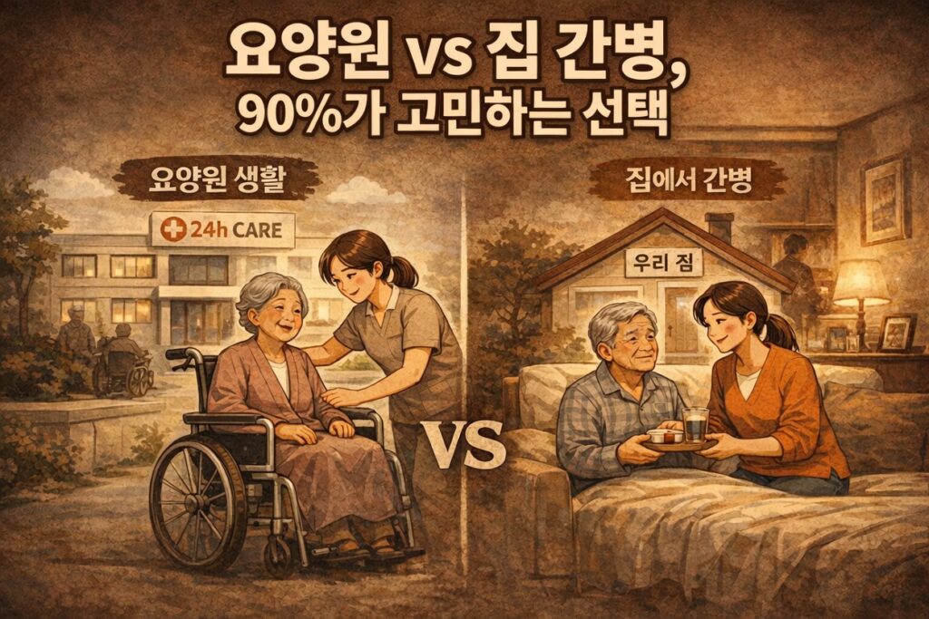 요양원 vs 집 간병, 90%가 고민하는 선택. 2026년 비용과 케어 현실을 비교한 일러스트: 요양원에서 전문 케어를 받는 어르신과 집에서 가족이 돌보는 어르신의 대비 장면