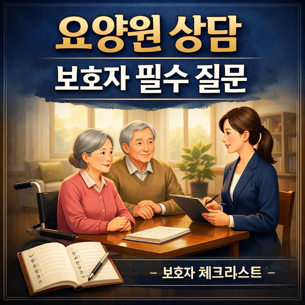 요양원 상담 시 보호자가 꼭 물어봐야 할 필수 질문을 설명하는 일러스트 이미지. 요양원 상담 테이블에서 어르신과 보호자가 상담 직원과 대화하는 장면과 '요양원 상담 보호자 필수 질문' 문구가 포함된 썸네일.