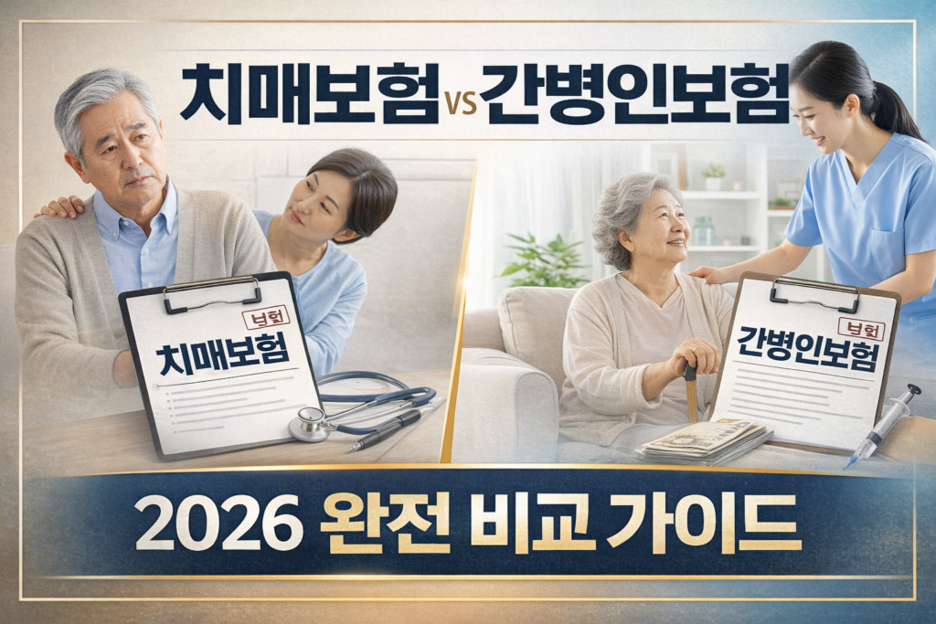 치매보험과 간병인보험을 2026년 기준으로 비교하는 썸네일 이미지로, ‘치매보험 vs 간병인보험’ 제목과 ‘2026 완전 비교 가이드’ 문구가 들어간 인포그래픽