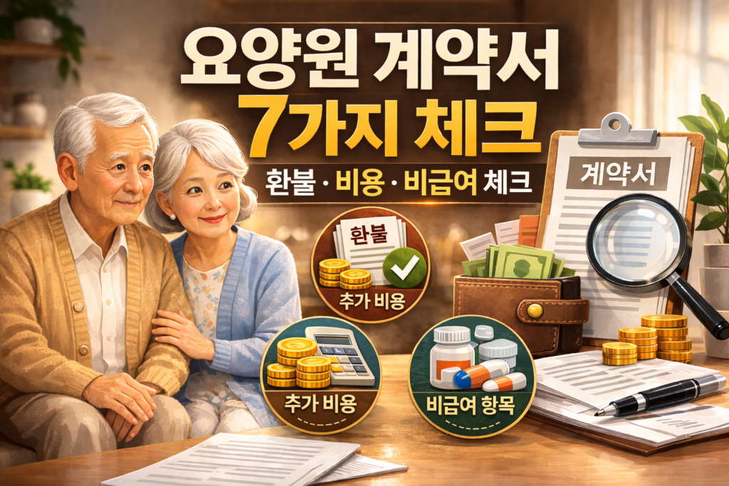 요양원 계약서를 앞에 두고 보호자가 확인해야 할 핵심 내용을 담은 썸네일 이미지. 노부부 일러스트와 계약서, 돋보기, 지갑, 동전이 배치되어 있으며 ‘요양원 계약서 7가지 체크’, ‘환불·비용·비급여 체크’ 문구가 강조돼 있다.