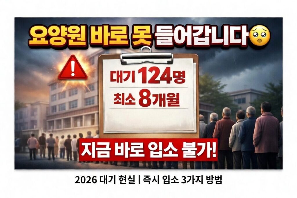 2026 요양원 대기 현실 충격 이미지. 인기 요양원 대기자 124명, 최소 대기 기간 8개월이며 "지금 바로 입소 불가!" 경고가 표시된 강렬한 섬네일