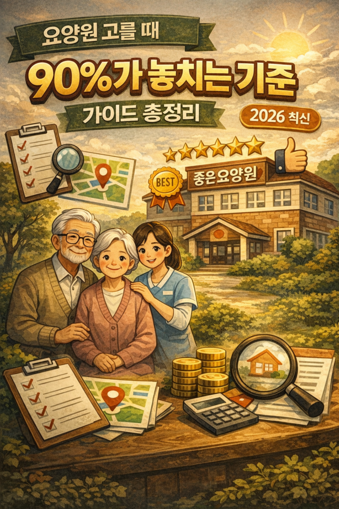 요양원 선택 기준과 좋은 요양원 찾는 방법을 설명하는 일러스트, 보호자와 어르신, 요양시설, 체크리스트가 포함된 이미지