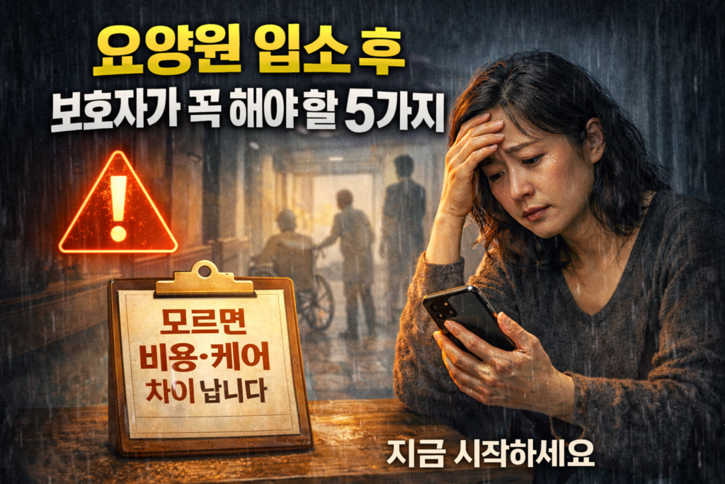 요양원 입소 후 보호자가 해야 할 5가지를 강조한 썸네일로, 걱정스러운 표정의 중년 여성이 휴대폰을 들고 고민하는 모습과 요양원 복도 배경, 비용과 케어 차이를 경고하는 문구가 포함된 이미지
