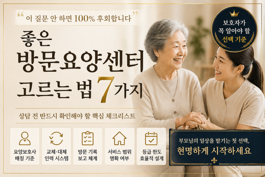 보호자와 요양보호사가 미소 지으며 대화하는 장면 위에 “좋은 방문요양센터 고르는 법 7가지”라는 문구가 있는 고급스러운 돌봄 정보 썸네일