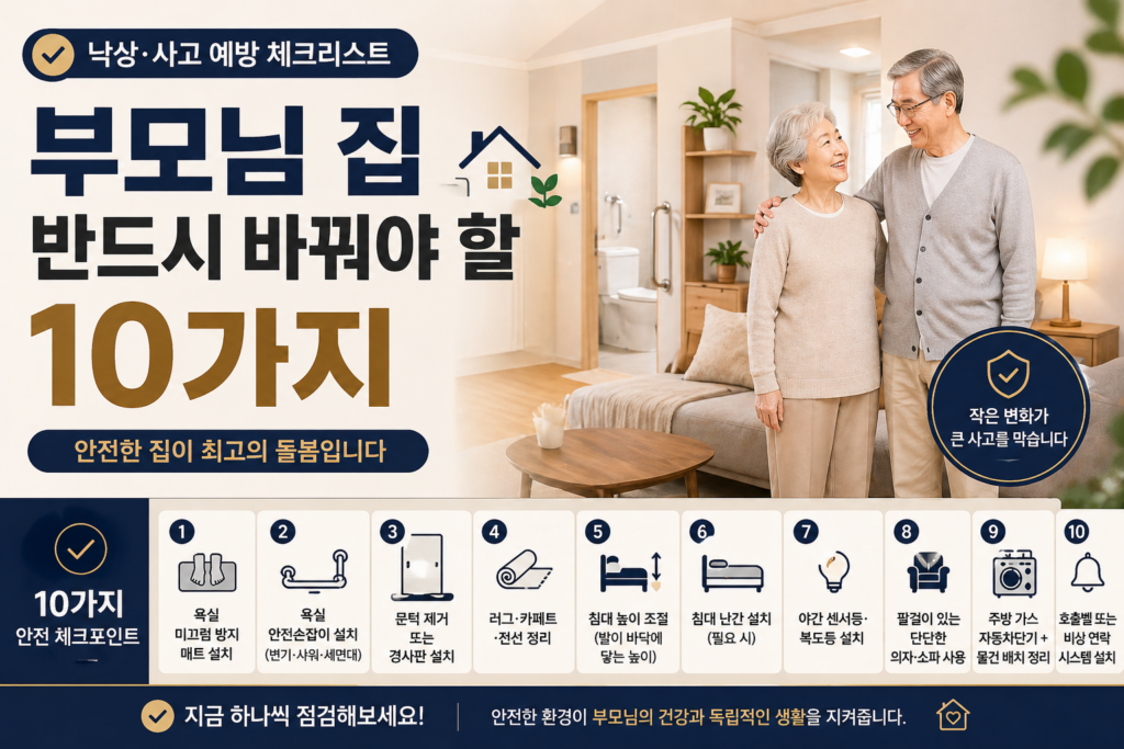 부모님 돌봄 시작 전 집에서 반드시 바꿔야 할 10가지 안전 체크리스트를 강조한 고급 인포그래픽 스타일 썸네일. 밝고 따뜻한 거실에서 웃고 있는 노부부와 함께 욕실 안전손잡이·야간조명·침대난간 등 낙상 예방 아이콘이 배치된 이미지.