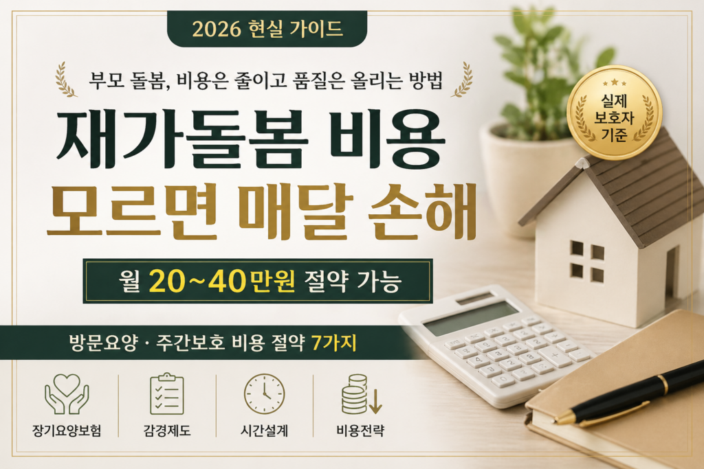 부모 재가돌봄 비용 절약 방법을 안내하는 블로그 썸네일. 상단에 ‘2026 현실 가이드’ 배지가 있고, 중앙에 ‘재가돌봄 비용 모르면 매달 손해’라는 큰 제목과 ‘월 20~40만원 절약 가능’ 서브 문구가 강조되어 있다. 하단에는 ‘방문요양 · 주간보호 비용 절약 7가지’ 배너와 장기요양보험·감경제도·시간설계·비용전략 아이콘이 배치된 고급 인포그래픽 스타일 이미지.