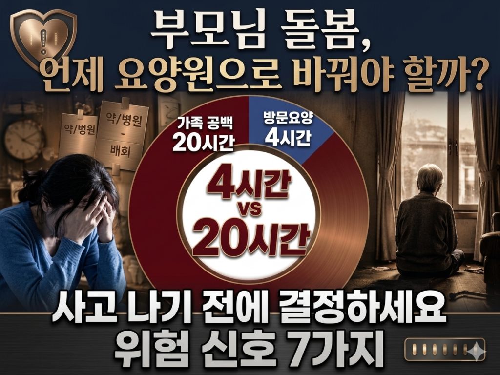 부모님돌봄 24시간 원형 차트에서 방문요양 4시간과 가족 공백 20시간을 대비하며, 지친 보호자와 혼자 앉아 있는 노인 실루엣이 배경에 있는 경고형 요양원 결정 안내 썸네일