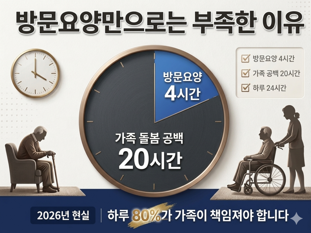 연한 회색 배경 위에 24시간 원형 파이 차트가 중앙에 배치된 인포그래픽. 밝은 파란색 4시간 구간은 ‘방문요양 4시간’, 진한 회색과 빨간 테두리 20시간 구간은 ‘가족 돌봄 공백 20시간’으로 표시되어 있으며, 상단에는 ‘방문요양만으로는 부족한 이유’, 하단에는 ‘2026년 현실 | 하루 80%가 가족이 책임져야 합니다’라는 문구가 들어간 블로그 썸네일