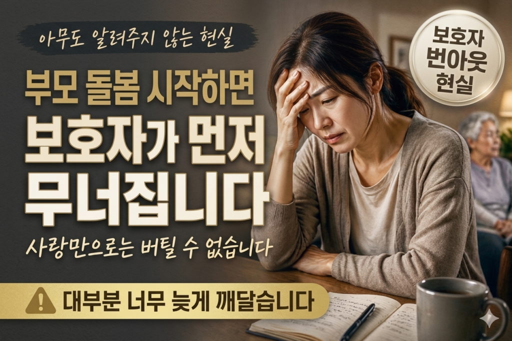 부모 돌봄으로 번아웃을 겪는 중년 여성이 머리를 짚고 힘들어하는 모습과 “부모 돌봄 시작하면 보호자가 먼저 무너집니다”라는 문구가 들어간 유튜브 스타일 썸네일