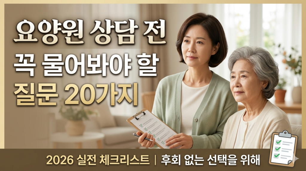 요양원 상담을 고민하는 중년 여성이 생각하는 표정으로 서 있고, 오른쪽에는 “요양원 상담 전 꼭 물어보세요 (질문 20개)”라는 문구와 체크리스트 아이콘이 들어간 썸네일 이미지.