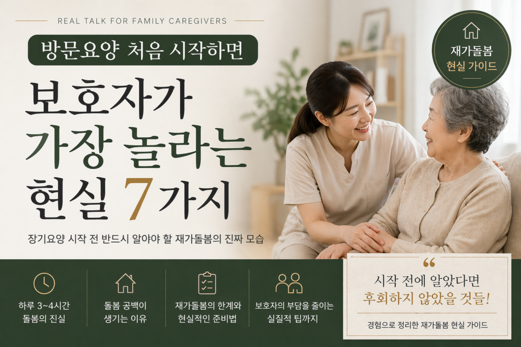방문요양 보호사가 집에서 웃으며 어르신의 손을 잡고 대화하는 모습, 방문요양 시작 전 알아야 할 재가돌봄 현실 가이드를 소개하는 썸네일