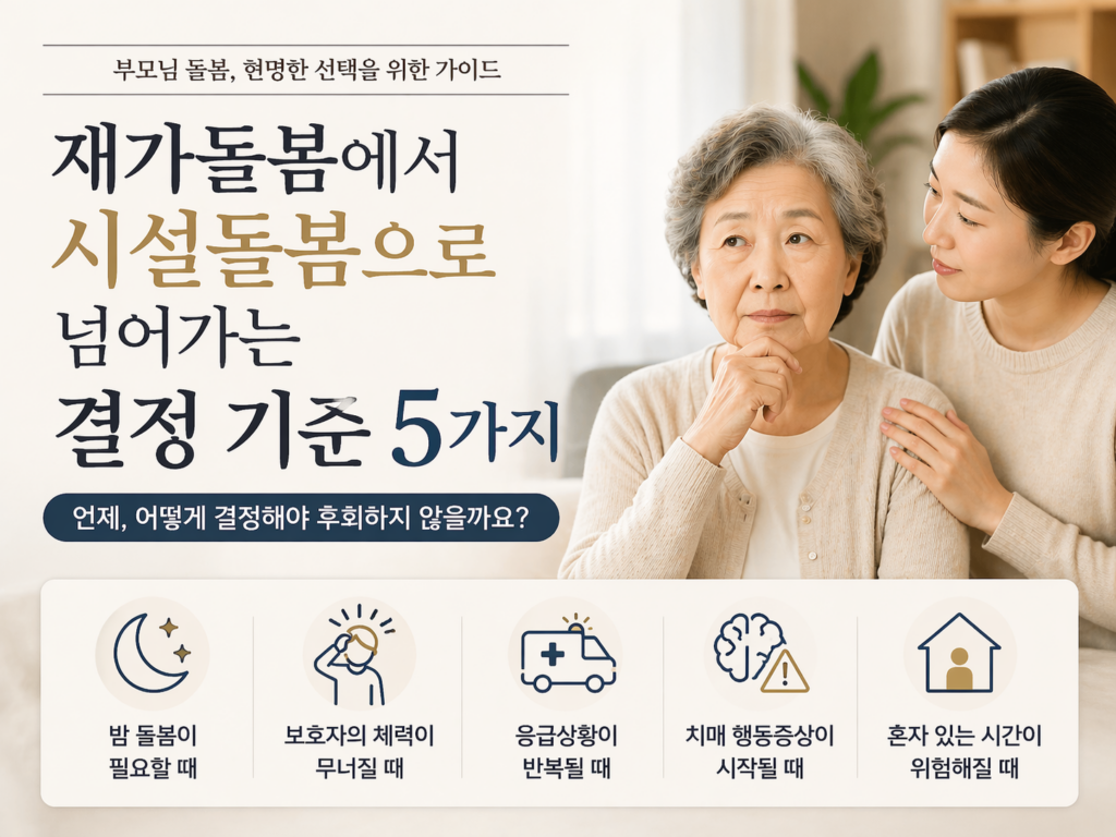 재가돌봄에서 시설돌봄으로 전환하는 결정 기준 5가지를 설명하는 썸네일, 어머니와 딸이 함께 고민하는 모습